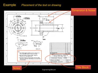 Example Placement of the text on drawing
Dimension & Notes
Notes Title Block
Engineering108.com
 