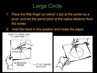 1. Place the little finger (or pencil’ s tip) at the center as a
pivot, and set the pencil point at the radius-distance from
the center.
2. Hold the hand in this position and rotate the paper.
Large Circle
Engineering108.com
 