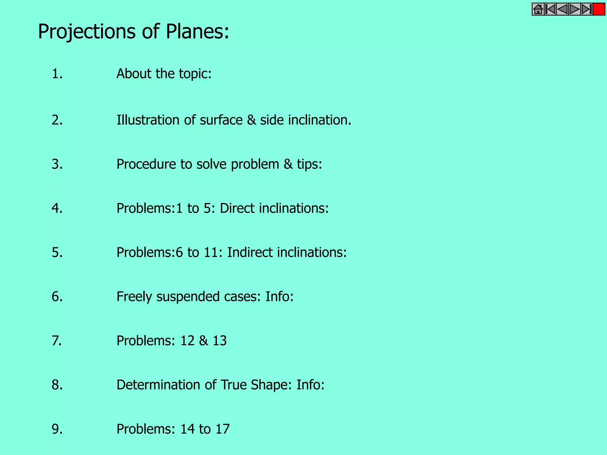 Projections of Planes: 
1. About the topic: 
2. Illustration of surface & side inclination. 
3. Procedure to solve problem & tips: 
4. Problems:1 to 5: Direct inclinations: 
5. Problems:6 to 11: Indirect inclinations: 
6. Freely suspended cases: Info: 
7. Problems: 12 & 13 
8. Determination of True Shape: Info: 
9. Problems: 14 to 17 
 