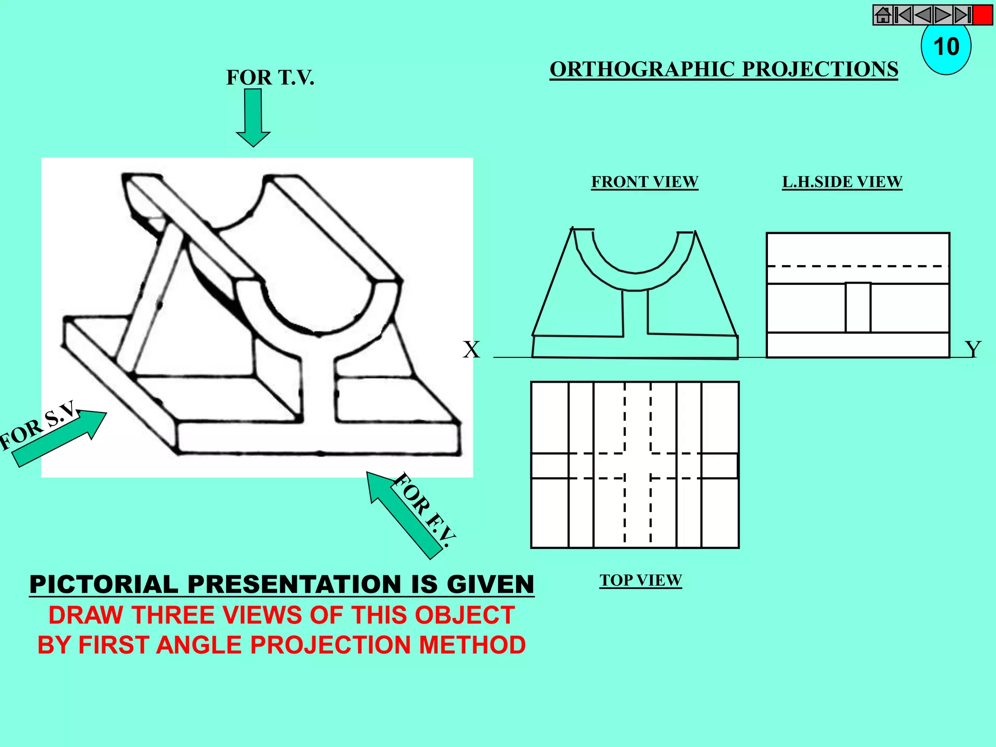 FOR T.V. 
PICTORIAL PRESENTATION IS GIVEN 
DRAW THREE VIEWS OF THIS OBJECT 
BY FIRST ANGLE PROJECTION METHOD 
10 
ORTHOGRAPHIC PROJECTIONS 
FRONT VIEW 
TOP VIEW 
L.H.SIDE VIEW 
X Y 
 