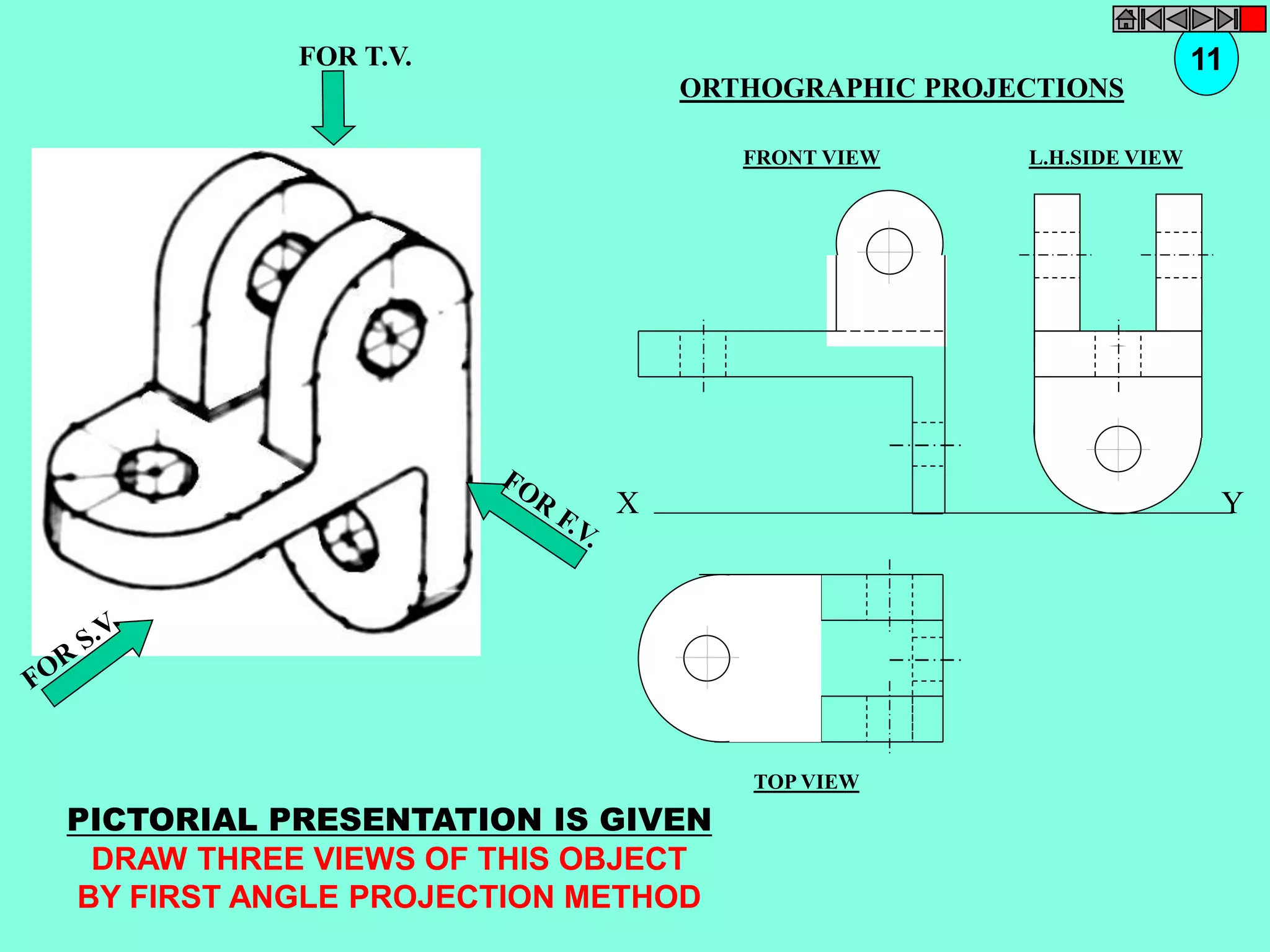 FOR T.V. 
PICTORIAL PRESENTATION IS GIVEN 
DRAW THREE VIEWS OF THIS OBJECT 
BY FIRST ANGLE PROJECTION METHOD 
11 
ORTHOGRAPHIC PROJECTIONS 
FRONT VIEW 
TOP VIEW 
L.H.SIDE VIEW 
X Y 
 