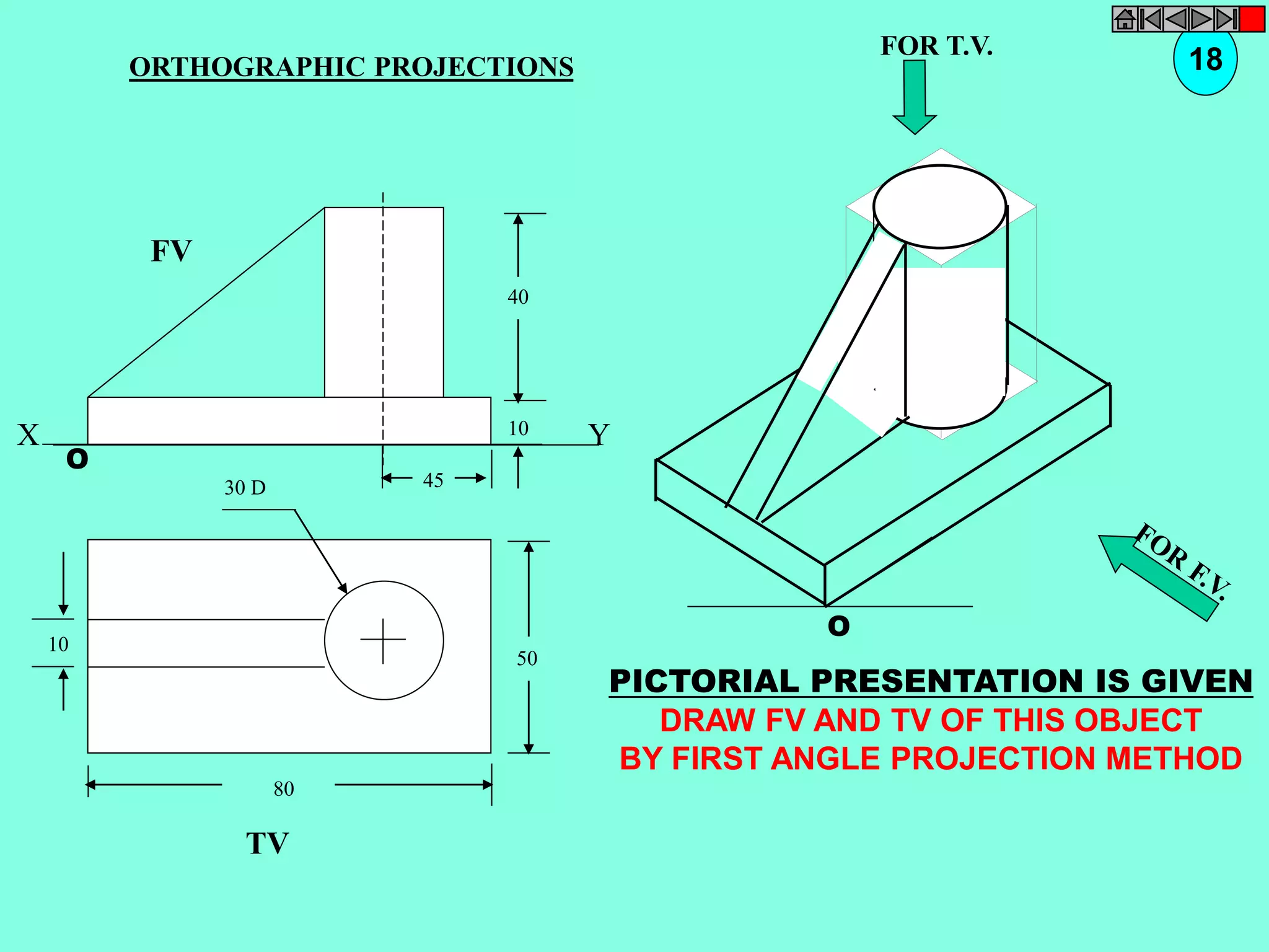 ORTHOGRAPHIC PROJECTIONS 18 
X Y 
50 
80 
10 
30 D 
TV 
O 
FOR T.V. 
PICTORIAL PRESENTATION IS GIVEN 
DRAW FV AND TV OF THIS OBJECT 
BY FIRST ANGLE PROJECTION METHOD 
40 
10 
45 
FV 
O 
 
