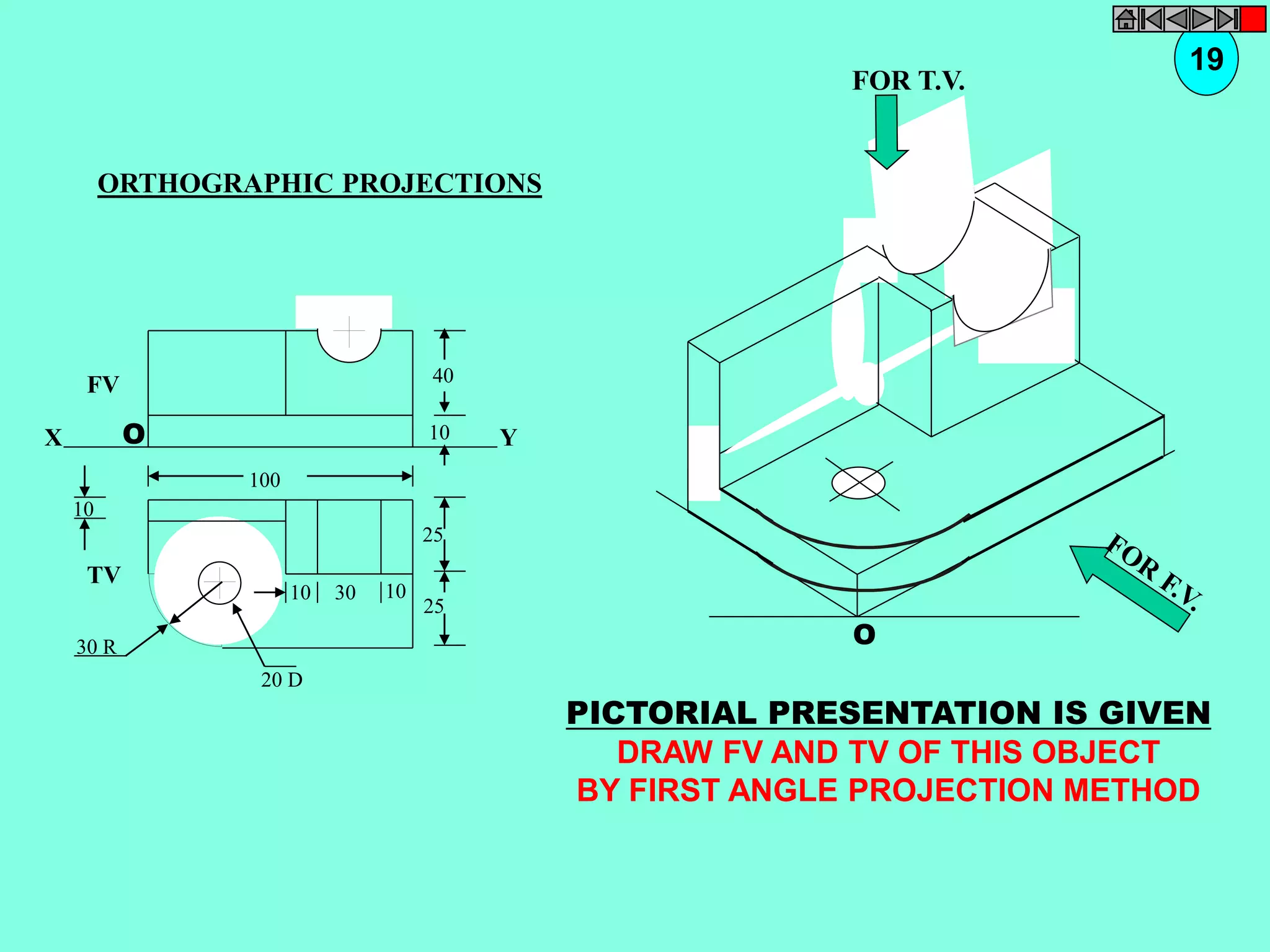 FV 
O 
40 
10 
X Y 
10 
TV 
25 
25 
30 R 
100 
10 30 10 
20 D 
O 
19 
PICTORIAL PRESENTATION IS GIVEN 
DRAW FV AND TV OF THIS OBJECT 
BY FIRST ANGLE PROJECTION METHOD 
ORTHOGRAPHIC PROJECTIONS 
FOR T.V. 
 