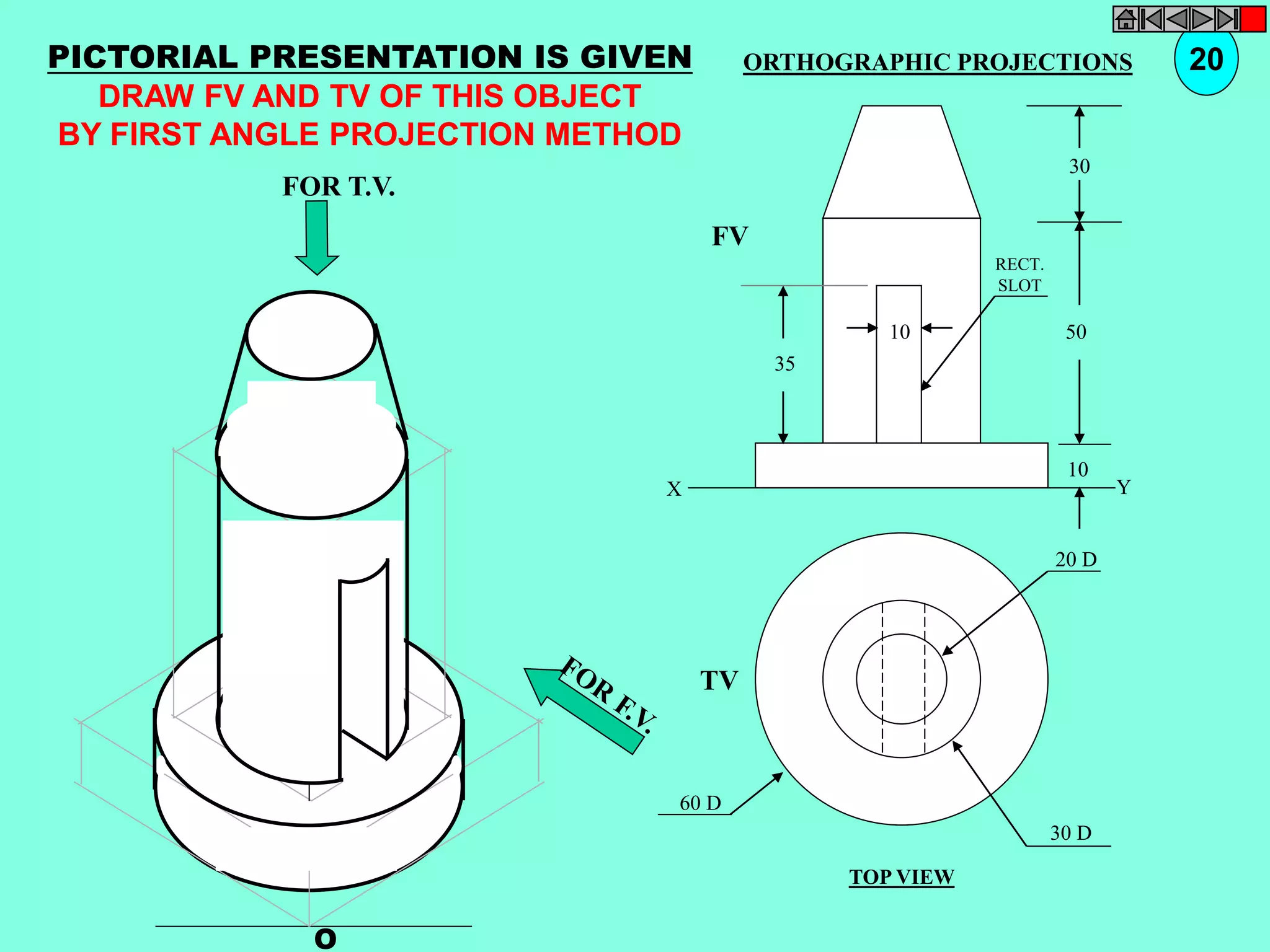 PICTORIAL PRESENTATION IS GIVEN 
DRAW FV AND TV OF THIS OBJECT 
BY FIRST ANGLE PROJECTION METHOD 
O 
20 D 
30 D 
TV 
60 D 
10 
30 
50 
10 
35 
FV 
RECT. 
SLOT 
X Y 
FOR T.V. 
ORTHOGRAPHIC PROJECTIONS 20 
TOP VIEW 
 