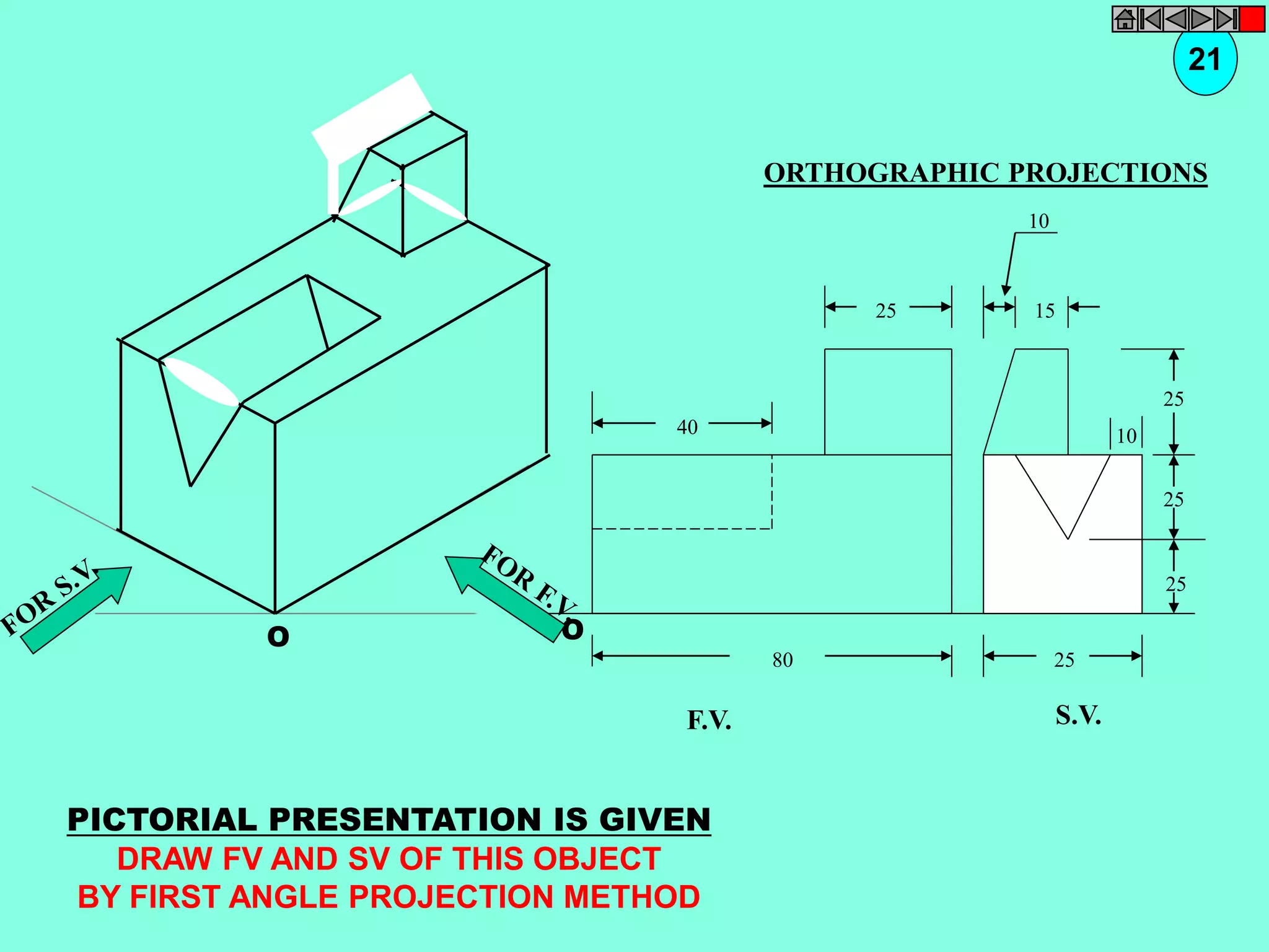 O O 
40 
25 
80 
F.V. 
10 
15 
25 
25 
25 
25 
10 
S.V. 
PICTORIAL PRESENTATION IS GIVEN 
DRAW FV AND SV OF THIS OBJECT 
BY FIRST ANGLE PROJECTION METHOD 
21 
ORTHOGRAPHIC PROJECTIONS 
 