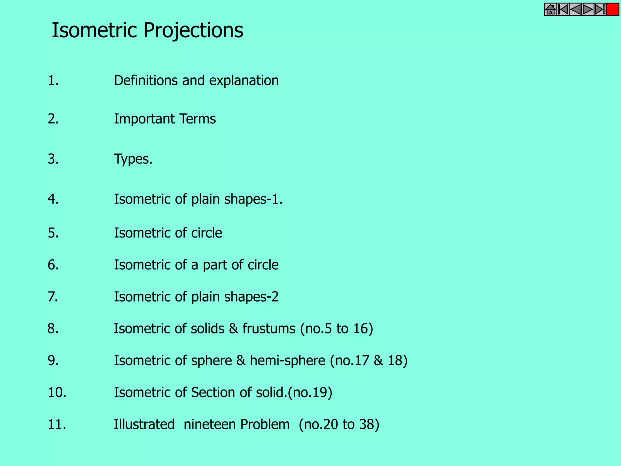 Isometric Projections 
1. Definitions and explanation 
2. Important Terms 
3. Types. 
4. Isometric of plain shapes-1. 
5. Isometric of circle 
6. Isometric of a part of circle 
7. Isometric of plain shapes-2 
8. Isometric of solids & frustums (no.5 to 16) 
9. Isometric of sphere & hemi-sphere (no.17 & 18) 
10. Isometric of Section of solid.(no.19) 
11. Illustrated nineteen Problem (no.20 to 38) 
 