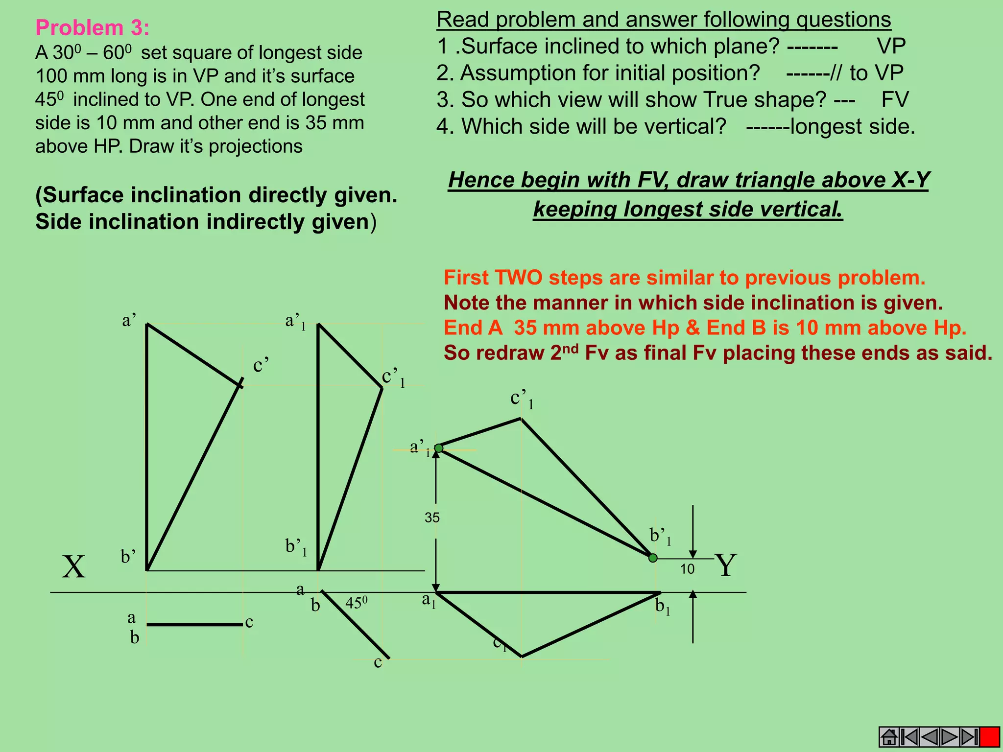 a’1 
X Y 
c 
c1 
450 
a’1 
b’1 
c’1 
a 
c 
a’ 
a 
b1 
b’ 
b 
b a1 
b’1 
c’1 
c’ 
35 
10 
Problem 3: 
A 300 – 600 set square of longest side 
100 mm long is in VP and it’s surface 
450 inclined to VP. One end of longest 
side is 10 mm and other end is 35 mm 
above HP. Draw it’s projections 
(Surface inclination directly given. 
Side inclination indirectly given) 
Read problem and answer following questions 
1 .Surface inclined to which plane? ------- VP 
2. Assumption for initial position? ------// to VP 
3. So which view will show True shape? --- FV 
4. Which side will be vertical? ------longest side. 
Hence begin with FV, draw triangle above X-Y 
keeping longest side vertical. 
First TWO steps are similar to previous problem. 
Note the manner in which side inclination is given. 
End A 35 mm above Hp & End B is 10 mm above Hp. 
So redraw 2nd Fv as final Fv placing these ends as said. 
 
