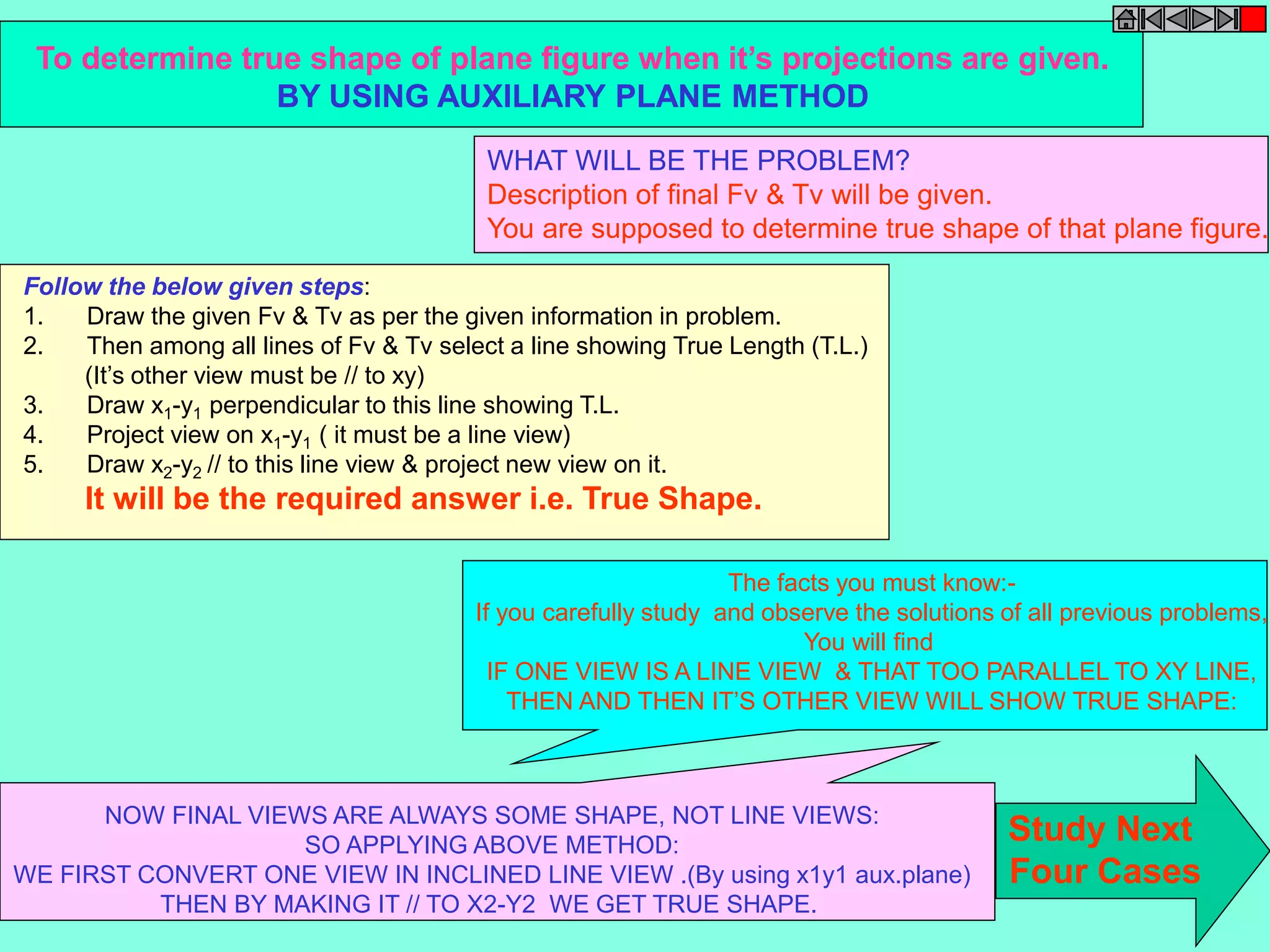 To determine true shape of plane figure when it’s projections are given. 
BY USING AUXILIARY PLANE METHOD 
WHAT WILL BE THE PROBLEM? 
Description of final Fv & Tv will be given. 
You are supposed to determine true shape of that plane figure. 
Follow the below given steps: 
1. Draw the given Fv & Tv as per the given information in problem. 
2. Then among all lines of Fv & Tv select a line showing True Length (T.L.) 
(It’s other view must be // to xy) 
3. Draw x1-y1 perpendicular to this line showing T.L. 
4. Project view on x1-y1 ( it must be a line view) 
5. Draw x2-y2 // to this line view & project new view on it. 
It will be the required answer i.e. True Shape. 
The facts you must know:- 
If you carefully study and observe the solutions of all previous problems, 
You will find 
IF ONE VIEW IS A LINE VIEW & THAT TOO PARALLEL TO XY LINE, 
THEN AND THEN IT’S OTHER VIEW WILL SHOW TRUE SHAPE: 
NOW FINAL VIEWS ARE ALWAYS SOME SHAPE, NOT LINE VIEWS: 
SO APPLYING ABOVE METHOD: 
WE FIRST CONVERT ONE VIEW IN INCLINED LINE VIEW .(By using x1y1 aux.plane) 
THEN BY MAKING IT // TO X2-Y2 WE GET TRUE SHAPE. 
Study Next 
Four Cases 
 