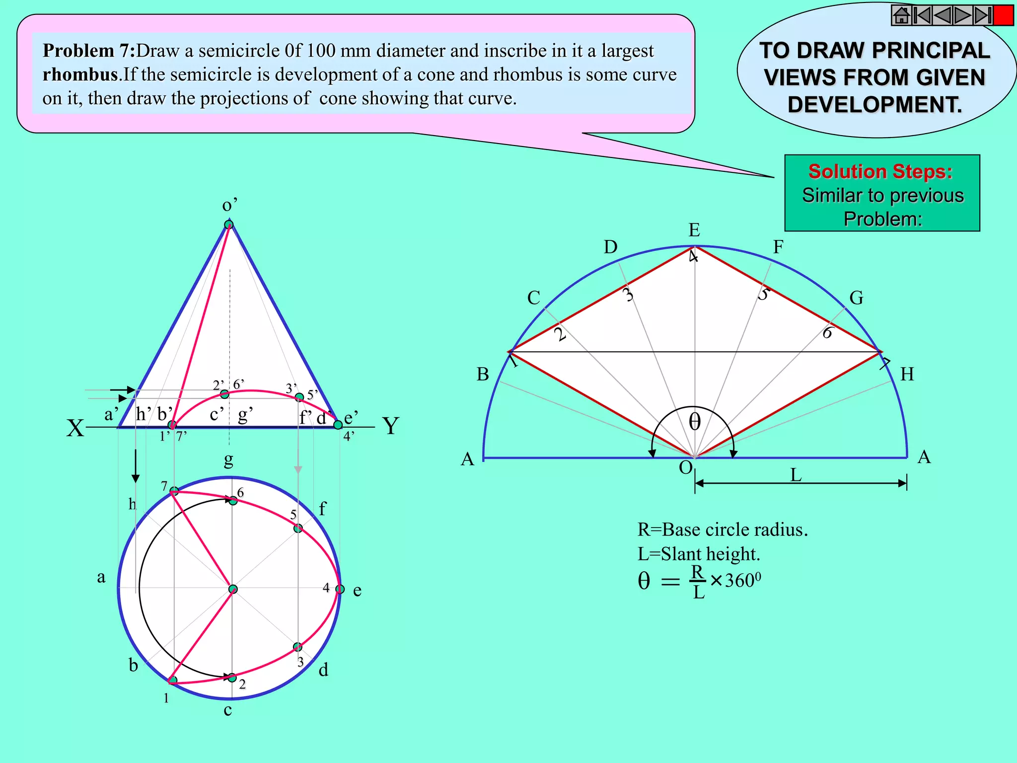 Problem 7:Draw a semicircle 0f 100 mm diameter and inscribe in it a largest 
rhombus.If the semicircle is development of a cone and rhombus is some curve 
on it, then draw the projections of cone showing that curve. 
h 
a 
b 
c 
d 
g 
f 
e 
o’ 
a’ h’ b’ c’ g’ f’ d’ e’ X Y 
A 
B 
C 
D 
E 
F 
G 
H 
A 
O L 
R=Base circle radius. 
L=Slant height. 
 = R 
L 
3600 
 
1’ 
2’ 3’ 
4’ 
5’ 
6’ 
7’ 
1 
2 
3 
4 
5 
7 6 
TO DRAW PRINCIPAL 
VIEWS FROM GIVEN 
DEVELOPMENT. 
Solution Steps: 
Similar to previous 
Problem: 
 