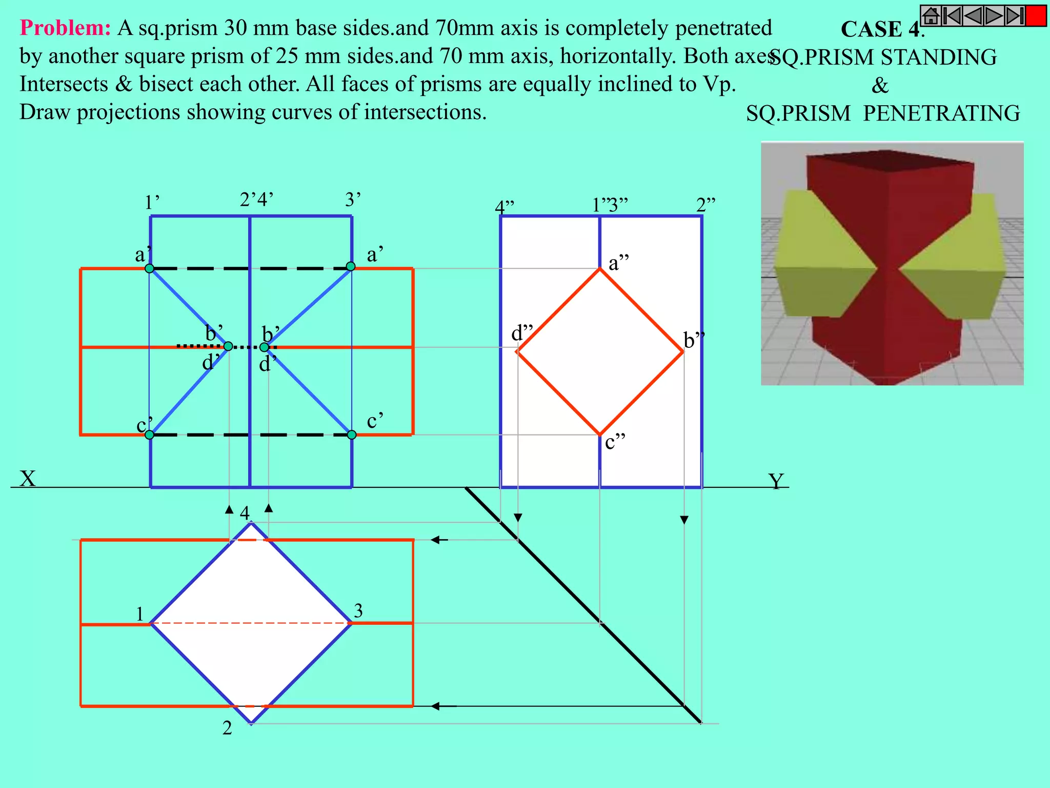 Problem: A sq.prism 30 mm base sides.and 70mm axis is completely penetrated 
by another square prism of 25 mm sides.and 70 mm axis, horizontally. Both axes 
Intersects & bisect each other. All faces of prisms are equally inclined to Vp. 
Draw projections showing curves of intersections. 
1’ 2’4’ 3’ 4” 1”3” 2” 
a” 
d” b” 
c” 
a’ 
c’ 
a’ 
b’ 
d’ 
c’ 
b’ 
d’ 
X Y 
1 
2 
3 
4 
CASE 4. 
SQ.PRISM STANDING 
& 
SQ.PRISM PENETRATING 
 