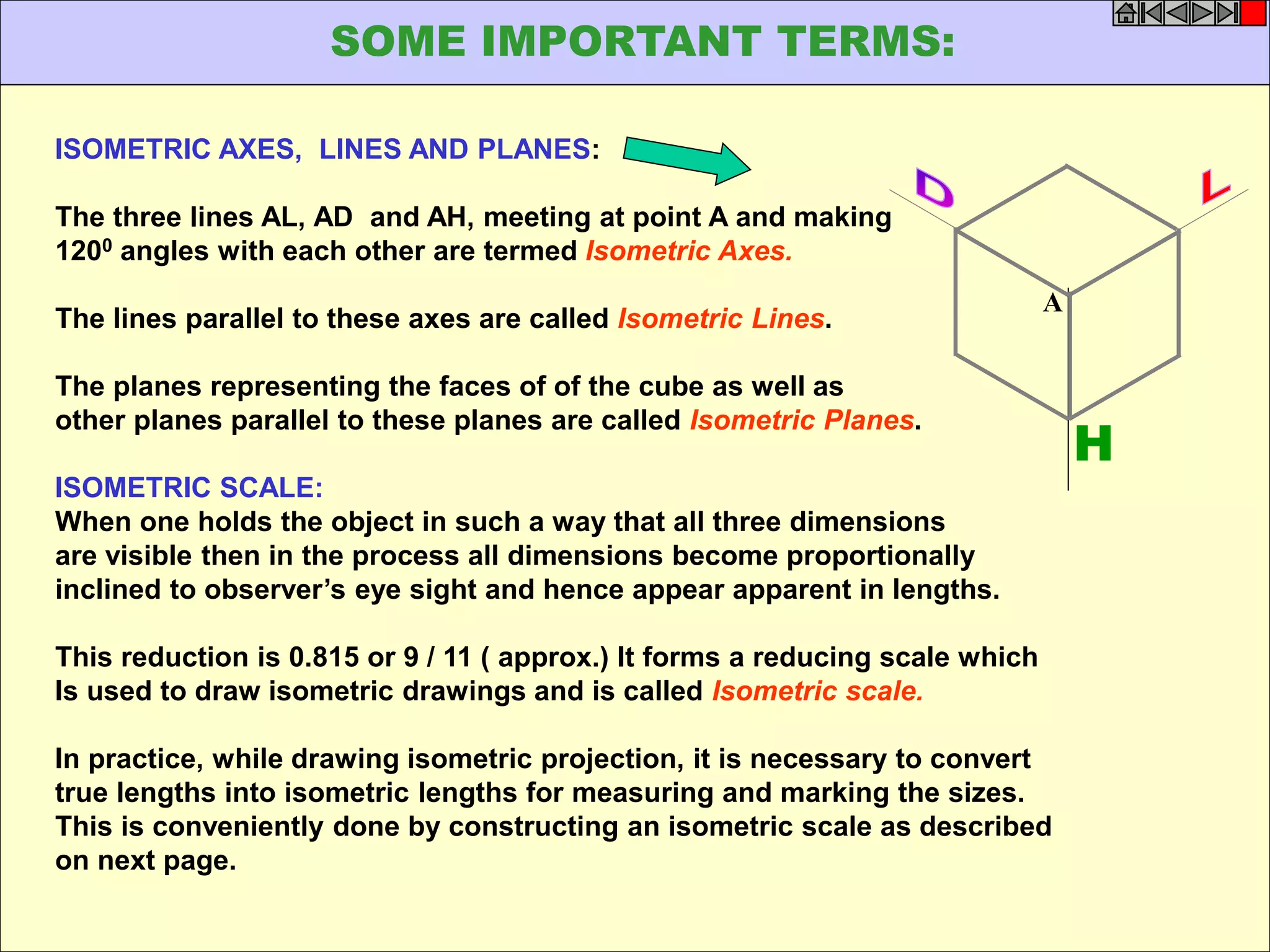 ISOMETRIC AXES, LINES AND PLANES: 
The three lines AL, AD and AH, meeting at point A and making 
1200 angles with each other are termed Isometric Axes. 
The lines parallel to these axes are called Isometric Lines. 
The planes representing the faces of of the cube as well as 
other planes parallel to these planes are called Isometric Planes. 
ISOMETRIC SCALE: 
When one holds the object in such a way that all three dimensions 
are visible then in the process all dimensions become proportionally 
inclined to observer’s eye sight and hence appear apparent in lengths. 
This reduction is 0.815 or 9 / 11 ( approx.) It forms a reducing scale which 
Is used to draw isometric drawings and is called Isometric scale. 
In practice, while drawing isometric projection, it is necessary to convert 
true lengths into isometric lengths for measuring and marking the sizes. 
This is conveniently done by constructing an isometric scale as described 
on next page. 
H 
A 
SOME IMPORTANT TERMS: 
 