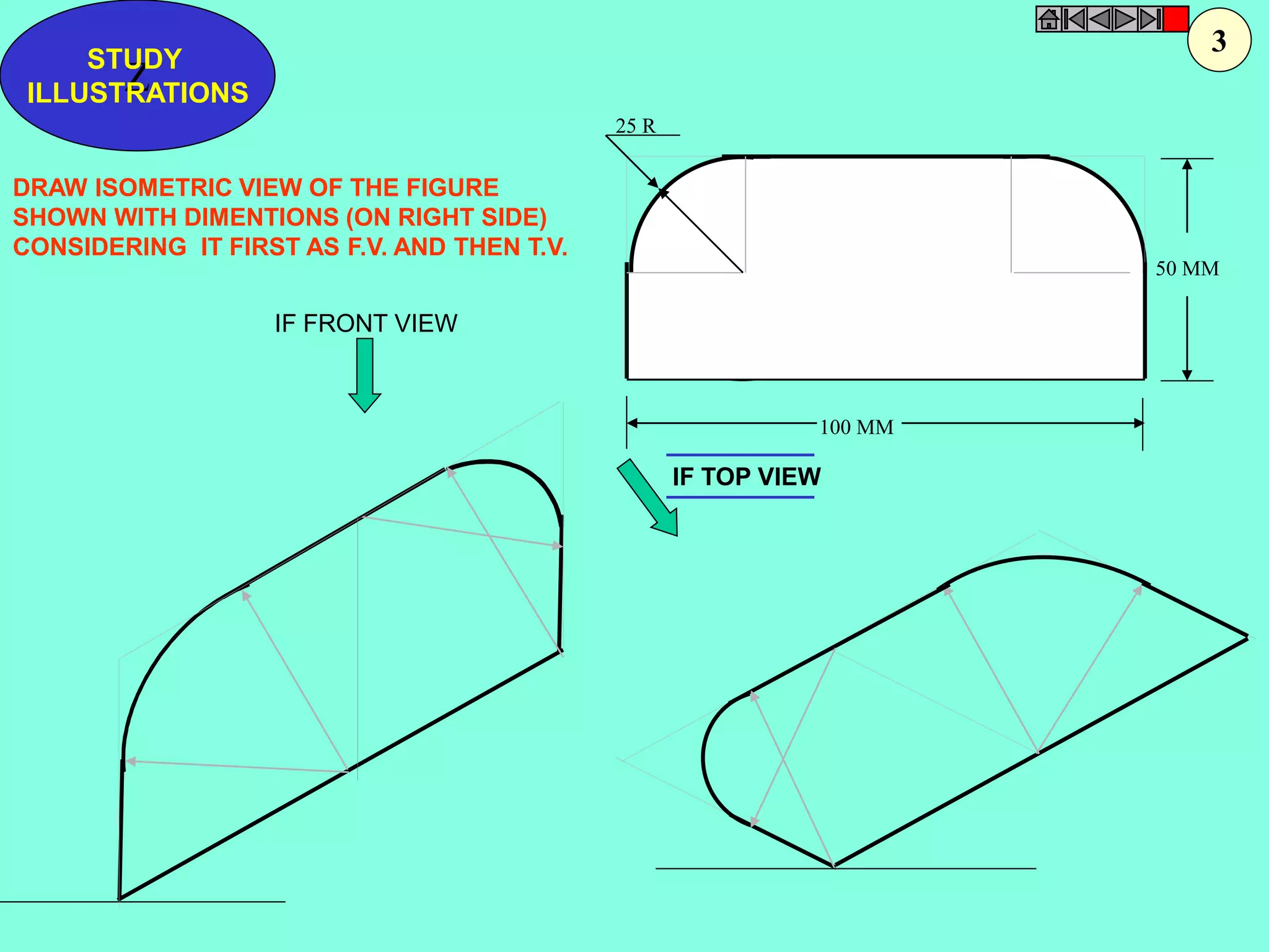 25 R 
100 MM 
50 MM 
STUDY 
Z 
ILLUSTRATIONS 
DRAW ISOMETRIC VIEW OF THE FIGURE 
SHOWN WITH DIMENTIONS (ON RIGHT SIDE) 
CONSIDERING IT FIRST AS F.V. AND THEN T.V. 
IF TOP VIEW 
IF FRONT VIEW 
3 
 