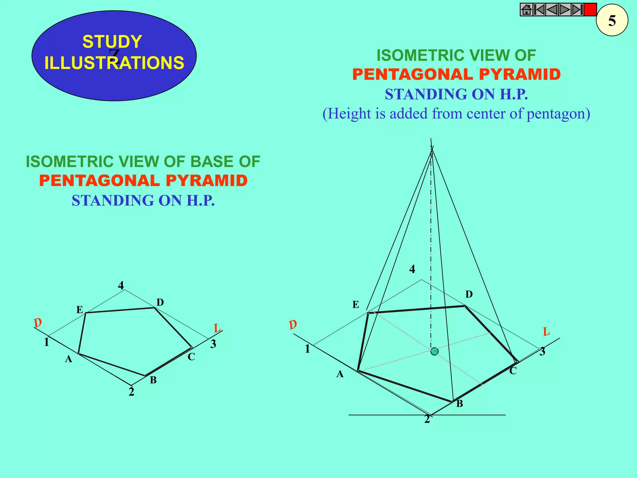 1 
2 
3 
4 
A 
B 
C 
D 
E 
ILLUSTRATIONS 
1 
STUDY 
2 
3 
Z 
4 
A 
B 
C 
D 
E 
ISOMETRIC VIEW OF 
PENTAGONAL PYRAMID 
STANDING ON H.P. 
(Height is added from center of pentagon) 
ISOMETRIC VIEW OF BASE OF 
PENTAGONAL PYRAMID 
STANDING ON H.P. 
5 
 