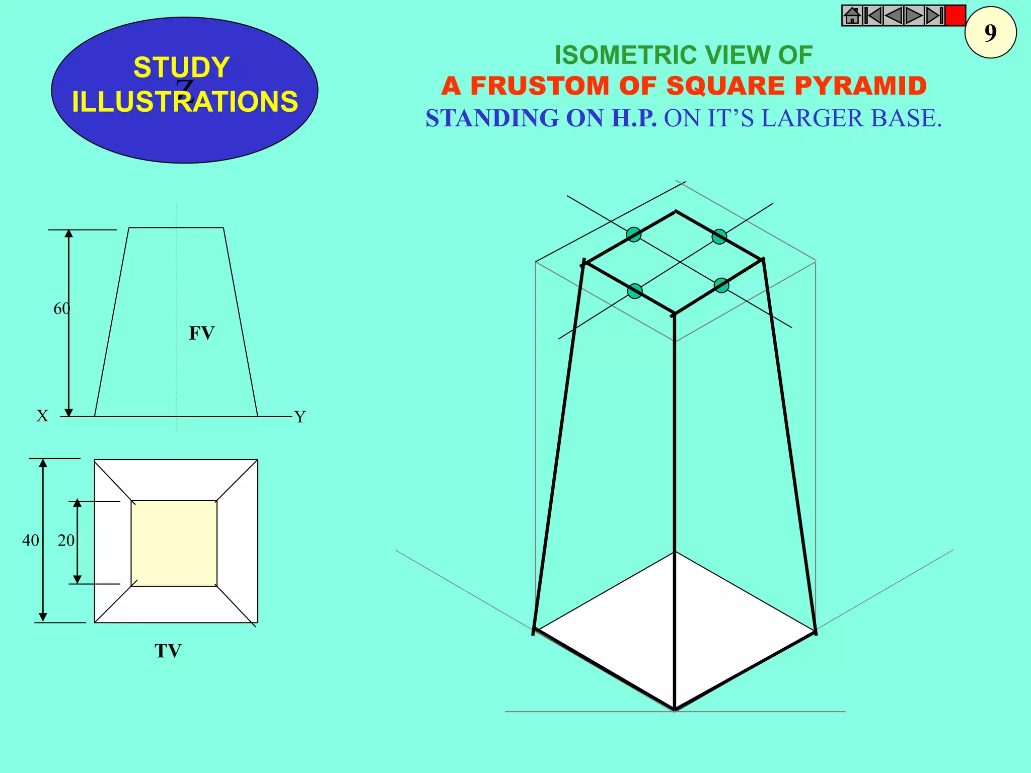 STUDY 
Z 
ILLUSTRATIONS 
ISOMETRIC VIEW OF 
A FRUSTOM OF SQUARE PYRAMID 
STANDING ON H.P. ON IT’S LARGER BASE. 
60 
X Y 
40 20 
FV 
TV 
9 
 