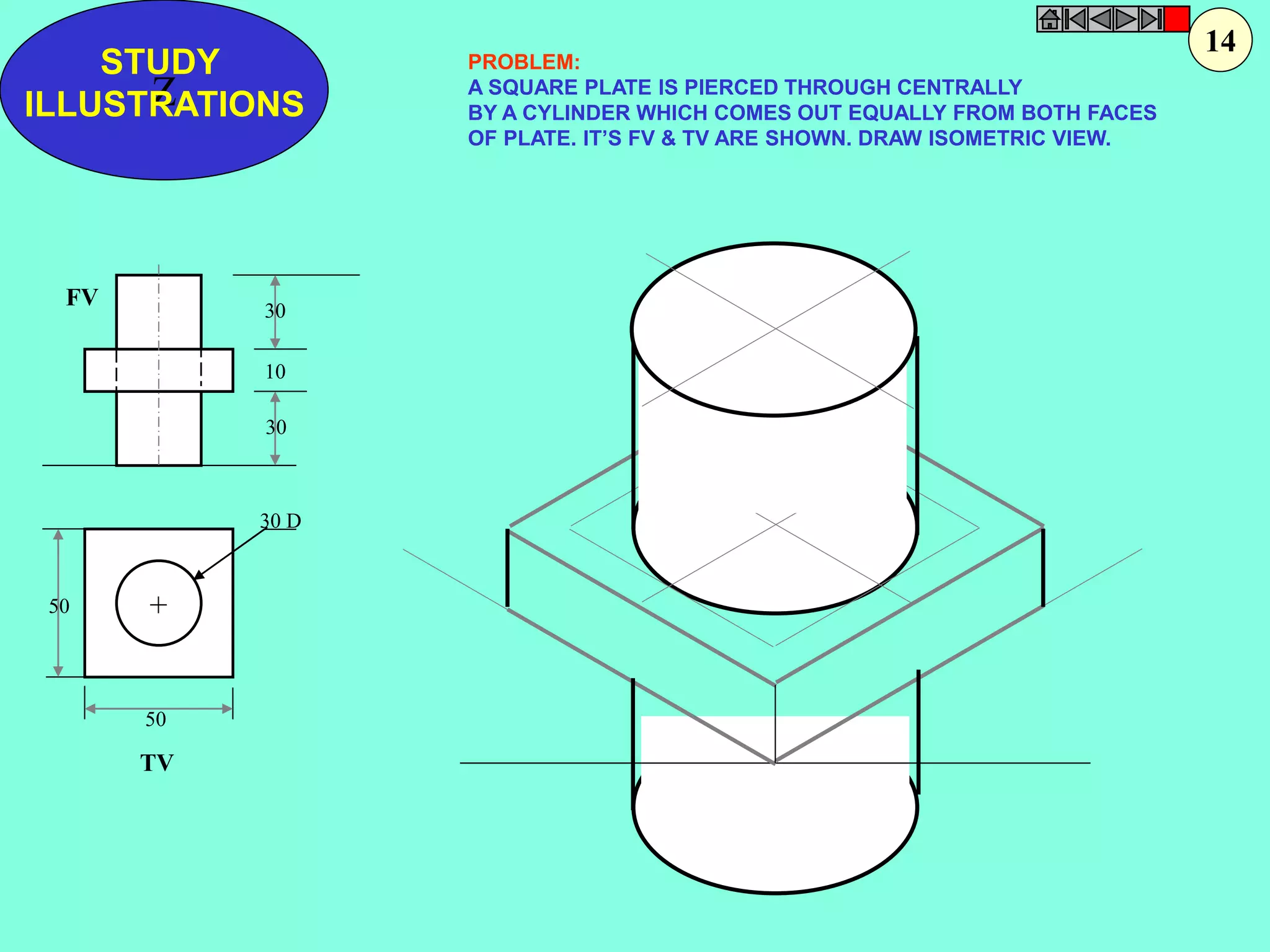 STUDY 
Z 
ILLUSTRATIONS 
50 
50 
30 
10 
30 
30 D 
+ 
FV 
TV 
PROBLEM: 
A SQUARE PLATE IS PIERCED THROUGH CENTRALLY 
BY A CYLINDER WHICH COMES OUT EQUALLY FROM BOTH FACES 
OF PLATE. IT’S FV & TV ARE SHOWN. DRAW ISOMETRIC VIEW. 
14 
 