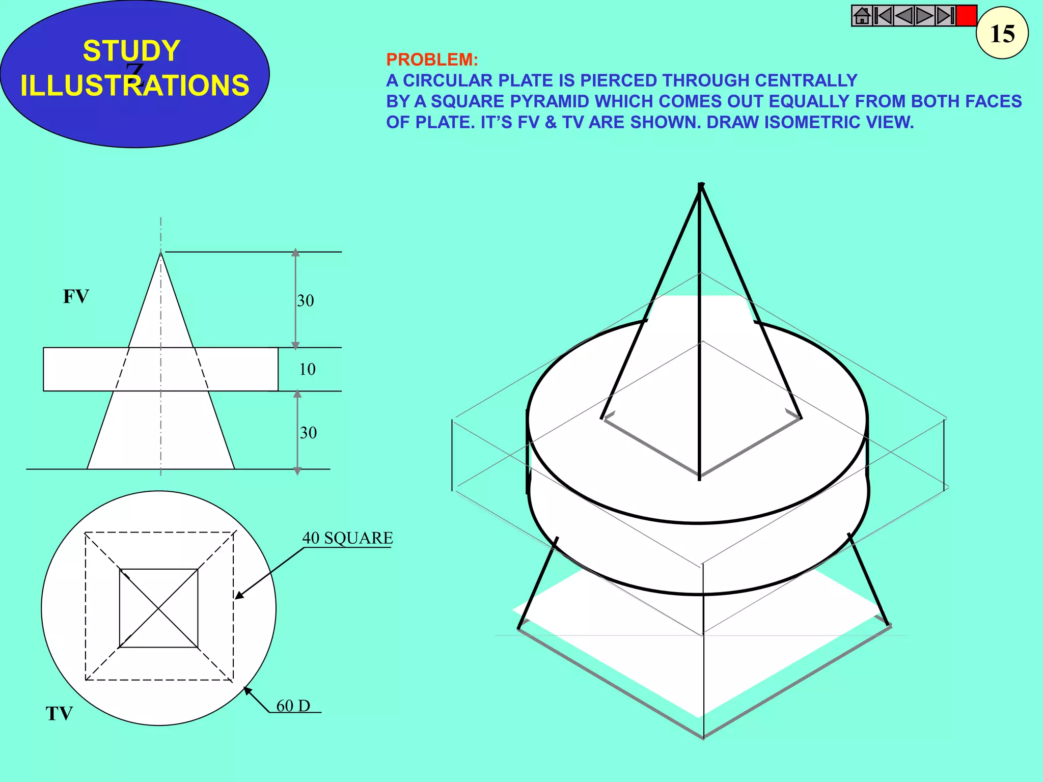 STUDY 
Z 
ILLUSTRATIONS 
30 
10 
30 
40 SQUARE 
60 D 
FV 
TV 
15 
PROBLEM: 
A CIRCULAR PLATE IS PIERCED THROUGH CENTRALLY 
BY A SQUARE PYRAMID WHICH COMES OUT EQUALLY FROM BOTH FACES 
OF PLATE. IT’S FV & TV ARE SHOWN. DRAW ISOMETRIC VIEW. 
 