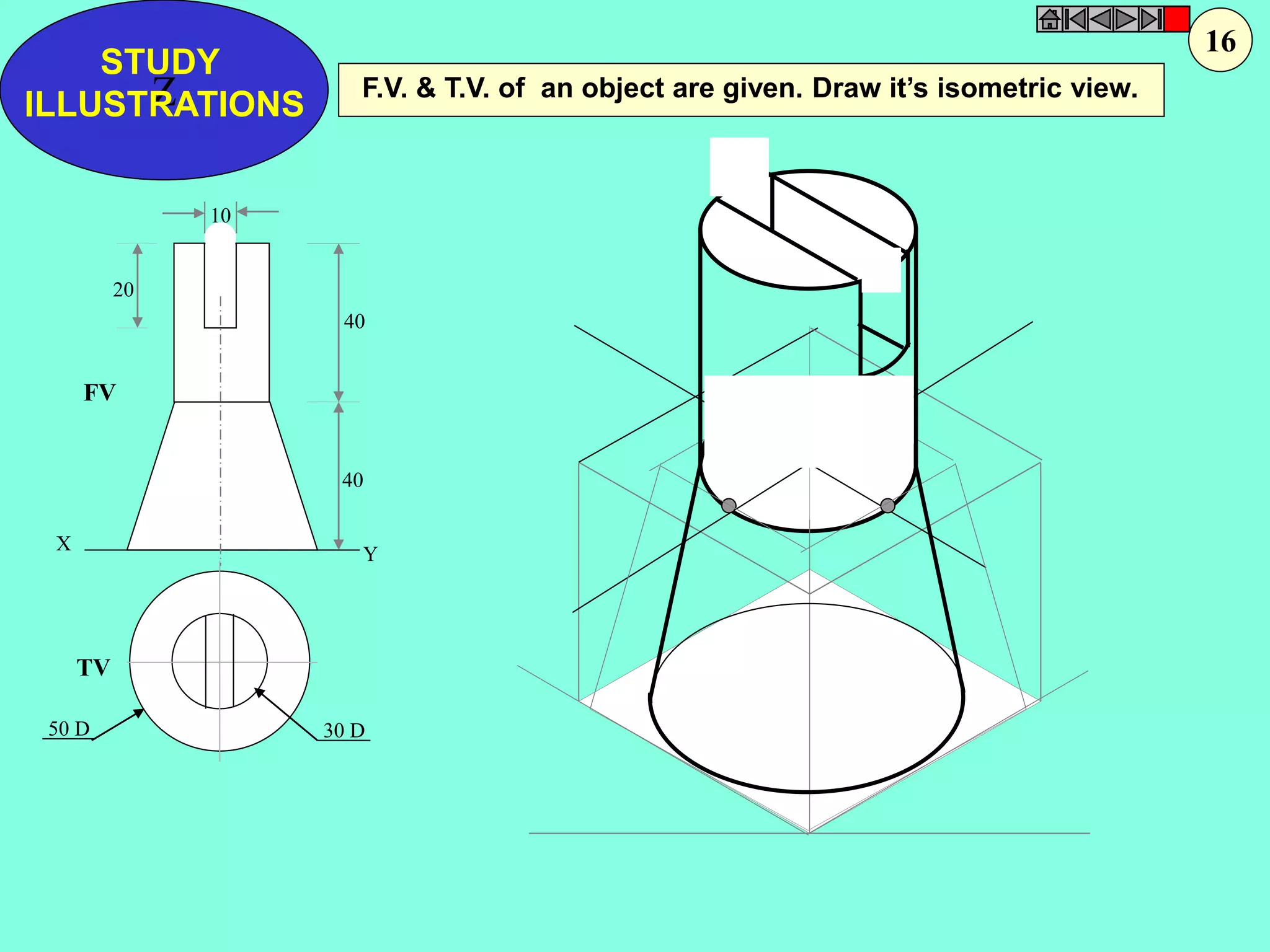 STUDY 
Z 
ILLUSTRATIONS 
X 
F.V. & T.V. of an object are given. Draw it’s isometric view. 
40 
40 
Y 
10 
20 
FV 
TV 
50 D 30 D 
16 
 