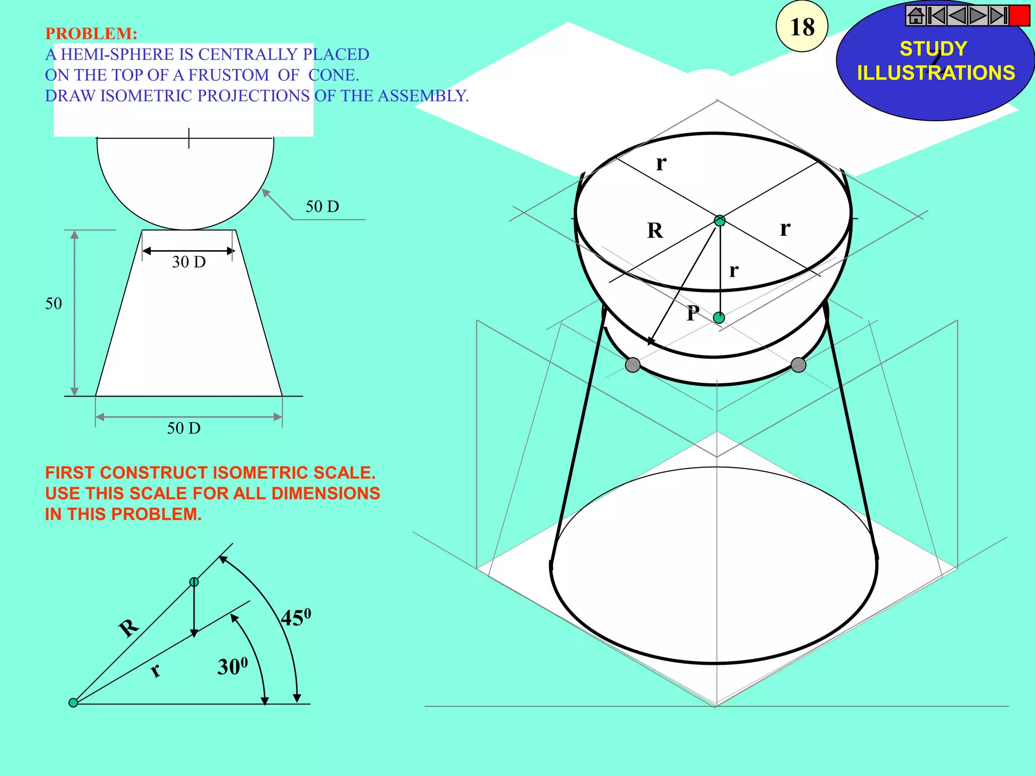 P 
r 
r 
R 
r 
PROBLEM: 
A HEMI-SPHERE IS CENTRALLY PLACED 
ON THE TOP OF A FRUSTOM OF CONE. 
DRAW ISOMETRIC PROJECTIONS OF THE ASSEMBLY. 
50 D 
30 D 
50 D 
50 
FIRST CONSTRUCT ISOMETRIC SCALE. 
USE THIS SCALE FOR ALL DIMENSIONS 
IN THIS PROBLEM. 
450 
300 
Z STUDY 
ILLUSTRATIONS 
18 
 