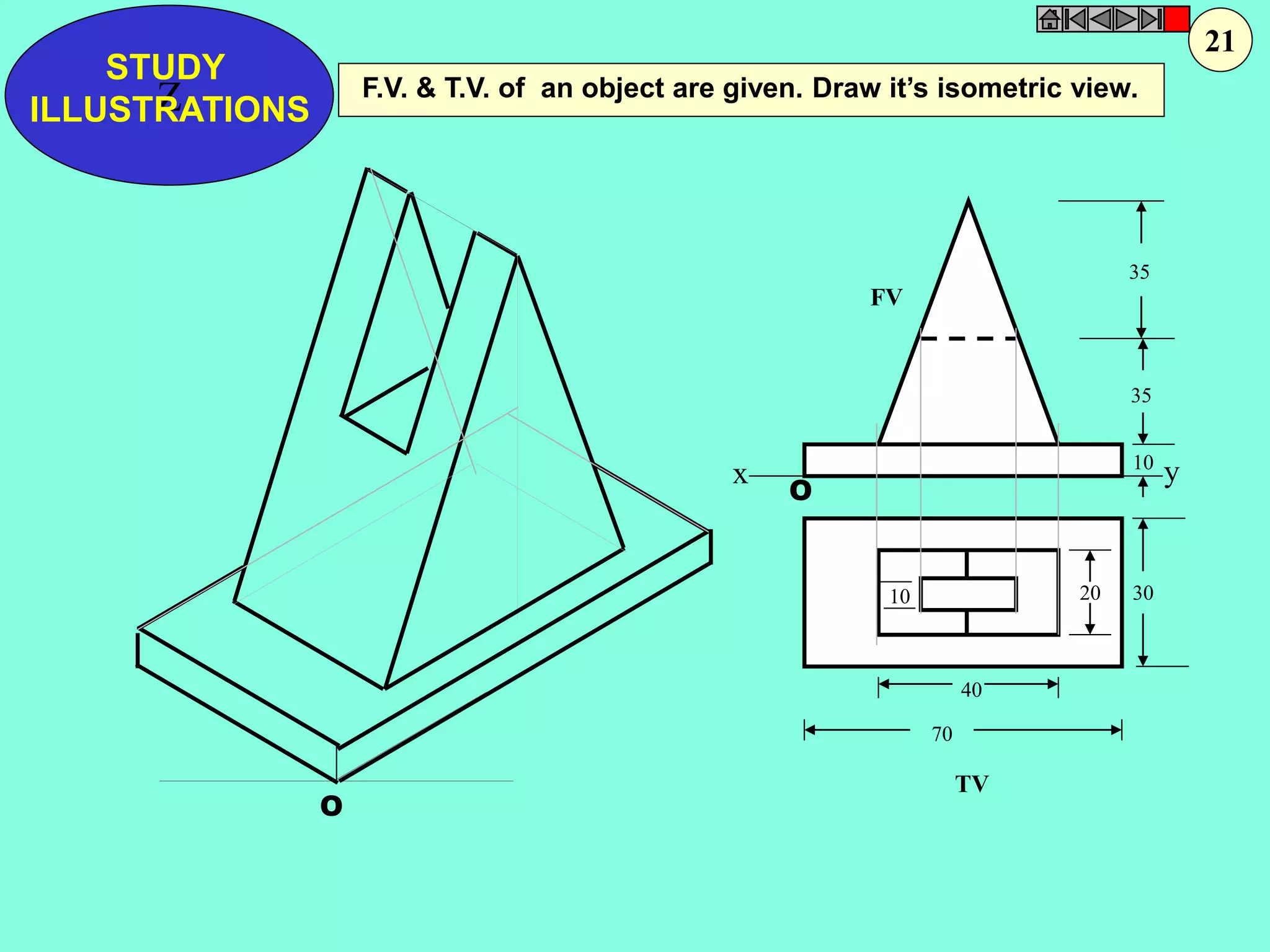 STUDY 
Z 
ILLUSTRATIONS 
FV 
x y 
TV 
35 
35 
10 
10 20 30 
40 
70 
O 
O 
F.V. & T.V. of an object are given. Draw it’s isometric view. 
21 
 