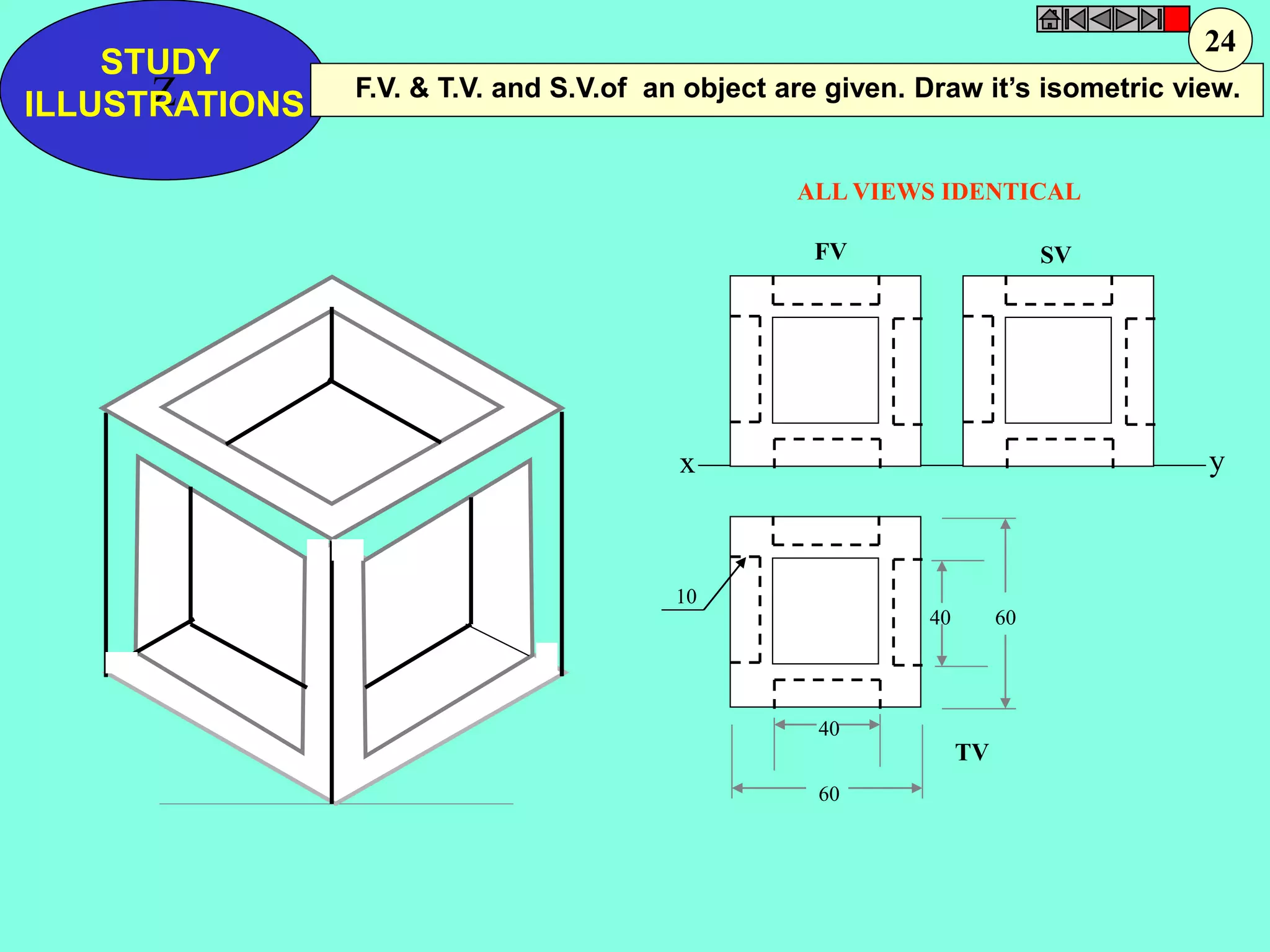 F.V. & T.V. and S.V.of an object are given. Draw it’s isometric view. 
ALL VIEWS IDENTICAL 
FV SV 
x y 
TV 
STUDY 
Z 
ILLUSTRATIONS 
10 
40 60 
40 
60 
24 
 