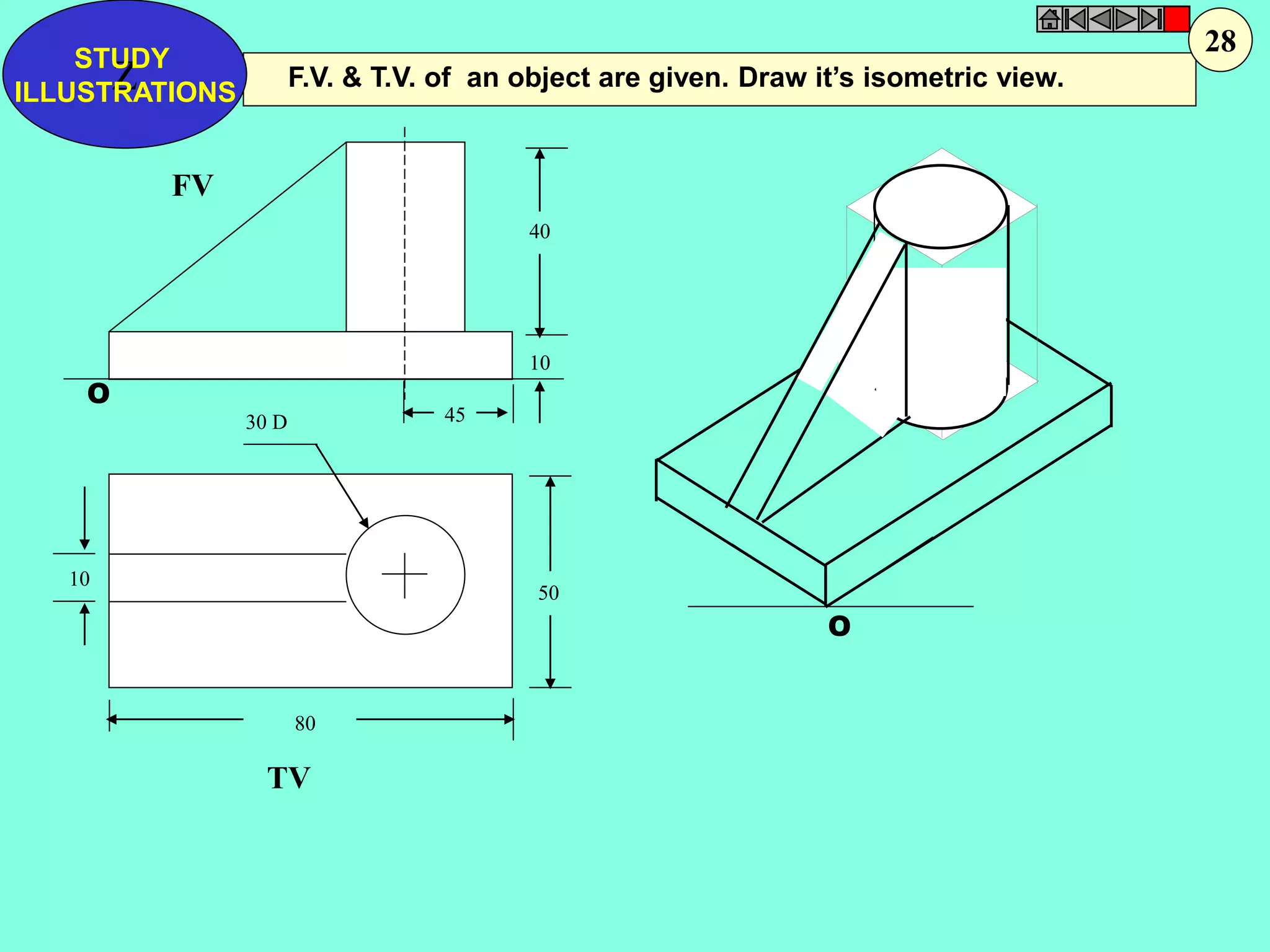 F.V. & T.V. of an Z object are given. Draw it’s isometric view. STUDY 
40 
10 
50 
80 
10 
30 D 45 
FV 
TV 
O 
O 
ILLUSTRATIONS 
28 
 