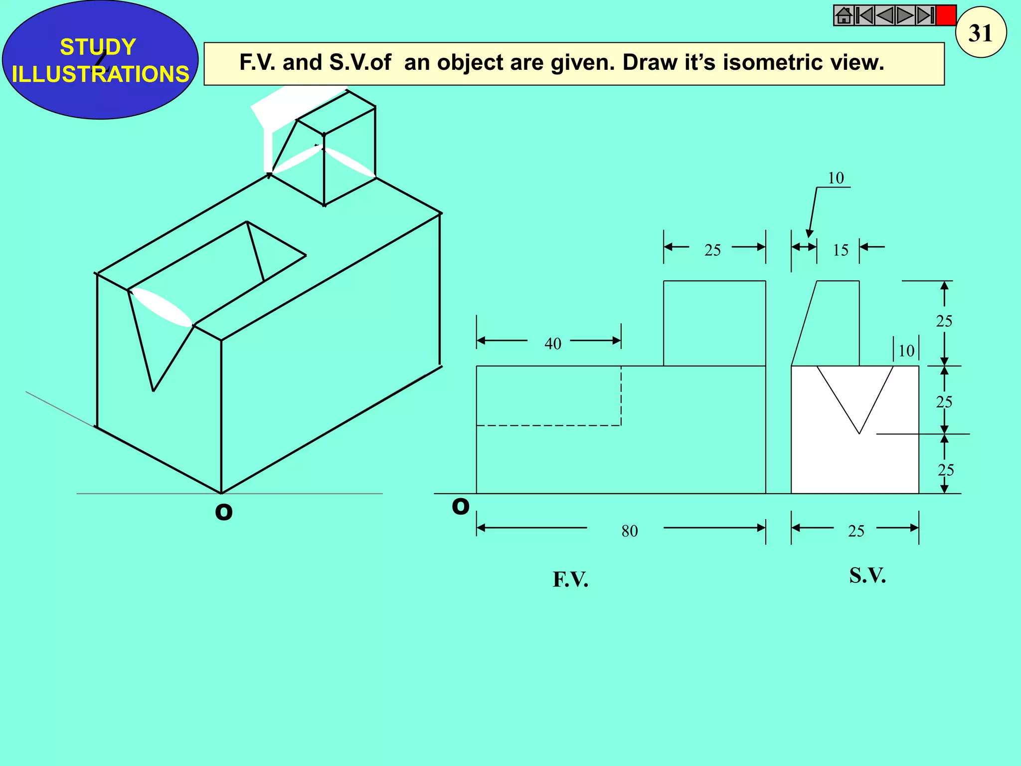 Z F.V. and S.V.of an object are given. Draw it’s isometric view. STUDY 
O 
10 
O 
40 
25 15 
25 
25 
25 
80 25 
10 
F.V. S.V. 
ILLUSTRATIONS 
31 
 