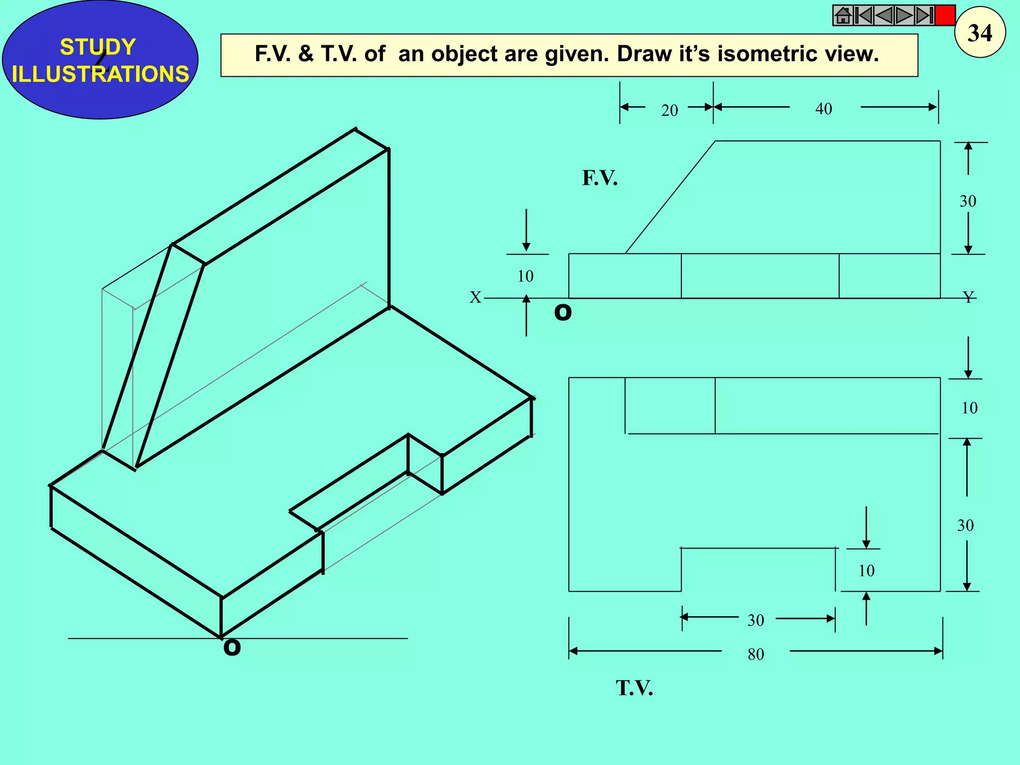 Z F.V. & T.V. of an object are given. Draw it’s isometric view. STUDY 
O 
X Y 
O 
10 
10 
30 
10 
30 
20 40 
30 
80 
F.V. 
T.V. 
ILLUSTRATIONS 
34 
 