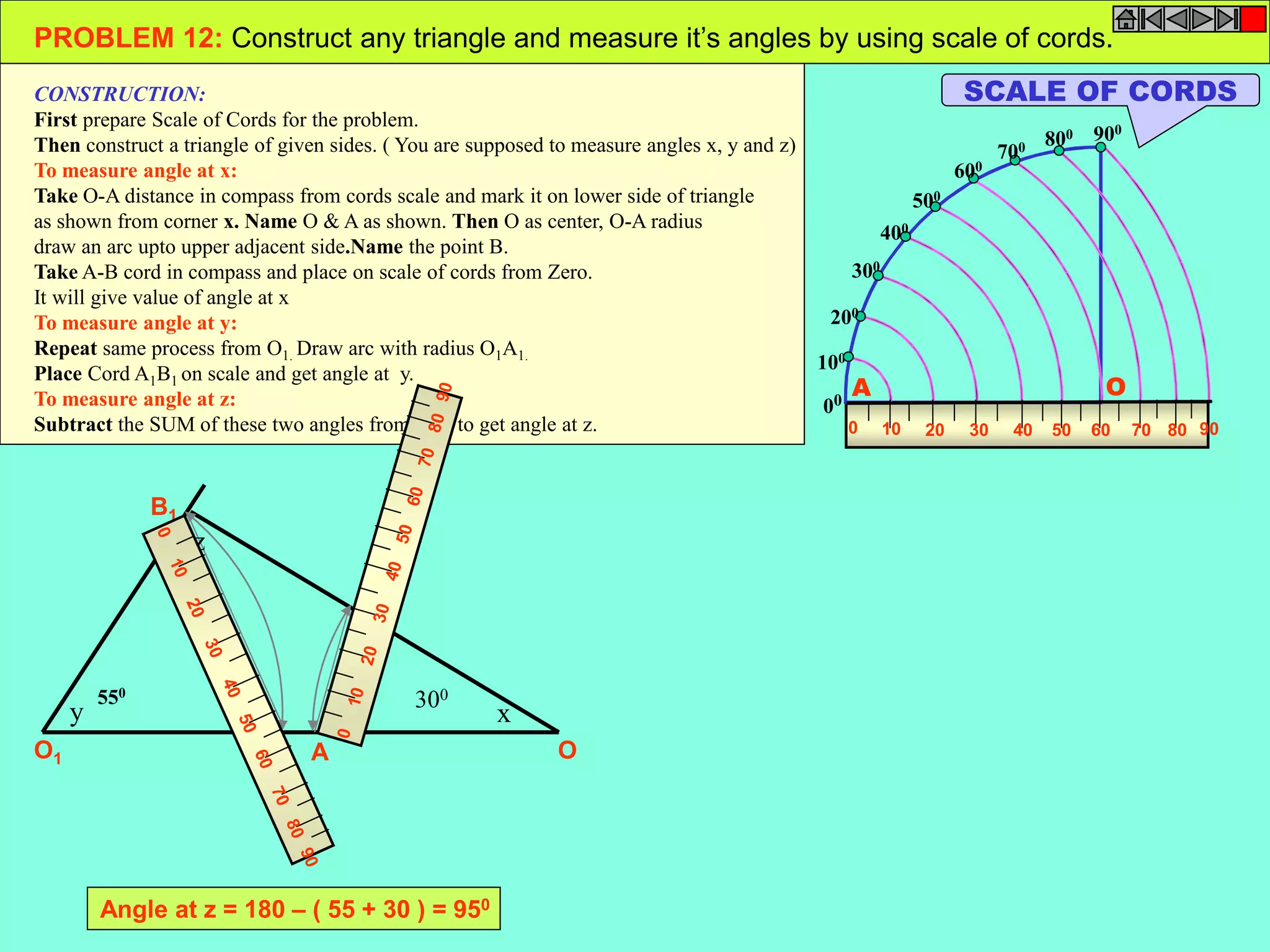 PROBLEM 12: Construct any triangle and measure it’s angles by using scale of cords. 
200 
100 
300 
400 
500 
600 
700 800 900 
00 
A O 
0 10 20 30 40 50 60 70 80 90 
CONSTRUCTION: 
First prepare Scale of Cords for the problem. 
Then construct a triangle of given sides. ( You are supposed to measure angles x, y and z) 
To measure angle at x: 
Take O-A distance in compass from cords scale and mark it on lower side of triangle 
as shown from corner x. Name O & A as shown. Then O as center, O-A radius 
draw an arc upto upper adjacent side.Name the point B. 
Take A-B cord in compass and place on scale of cords from Zero. 
It will give value of angle at x 
To measure angle at y: 
Repeat same process from O1. Draw arc with radius O1A1. 
Place Cord A1B1 on scale and get angle at y. 
To measure angle at z: 
Subtract the SUM of these two angles from 1800 to get angle at z. 
B 
A O 
B1 
O1 A1 
x 
z 
y 
SCALE OF CORDS 
550 300 
Angle at z = 180 – ( 55 + 30 ) = 950 
 