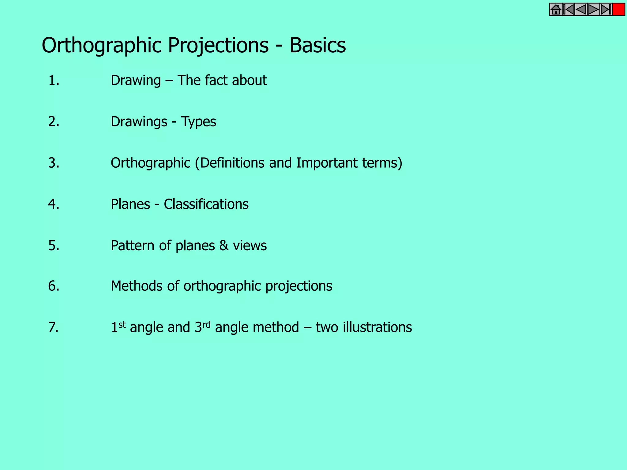Orthographic Projections - Basics 
1. Drawing – The fact about 
2. Drawings - Types 
3. Orthographic (Definitions and Important terms) 
4. Planes - Classifications 
5. Pattern of planes & views 
6. Methods of orthographic projections 
7. 1st angle and 3rd angle method – two illustrations 
 