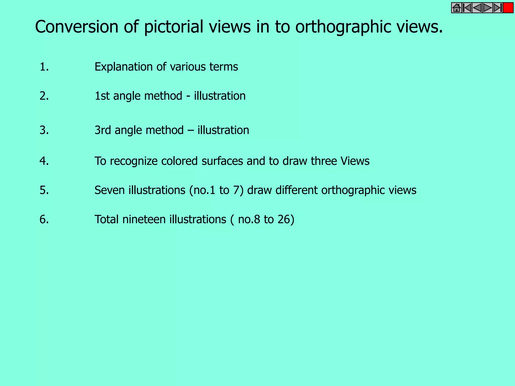 Conversion of pictorial views in to orthographic views. 
1. Explanation of various terms 
2. 1st angle method - illustration 
3. 3rd angle method – illustration 
4. To recognize colored surfaces and to draw three Views 
5. Seven illustrations (no.1 to 7) draw different orthographic views 
6. Total nineteen illustrations ( no.8 to 26) 
 