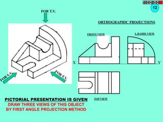 FOR T.V. 
PICTORIAL PRESENTATION IS GIVEN 
DRAW THREE VIEWS OF THIS OBJECT 
BY FIRST ANGLE PROJECTION METHOD 
12 
ORTHOGRAPHIC PROJECTIONS 
FRONT VIEW 
TOP VIEW 
L.H.SIDE VIEW 
X Y 
 