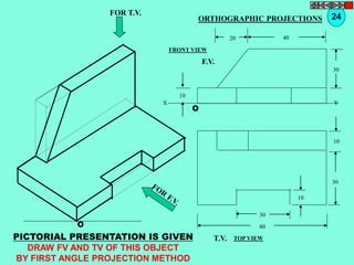 O 
10 
30 
10 
30 
80 
T.V. 
O 
10 
30 
20 40 
F.V. 
X Y 
FOR T.V. 
PICTORIAL PRESENTATION IS GIVEN 
DRAW FV AND TV OF THIS OBJECT 
BY FIRST ANGLE PROJECTION METHOD 
ORTHOGRAPHIC PROJECTIONS 24 
FRONT VIEW 
TOP VIEW 
 