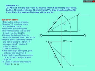 PROBLEM 4 :- 
Line AB is 75 mm long .It’s Fv and Tv measure 50 mm & 60 mm long respectively. 
End A is 10 mm above Hp and 15 mm in front of Vp. Draw projections of line AB 
if end B is in first quadrant.Find angle with Hp and Vp. 
a’ 
1’ 
X Y 
a 
b’1 
LTV 
1 
b1 
b’ 
LFV 
b 
 
 
SOLUTION STEPS: 
1.Draw xy line and one projector. 
2.Locate a’ 10 mm above xy and 
a 15 mm below xy line. 
3.Draw locus from these points. 
4.Cut 60mm distance on locus of a’ 
& mark 1’ on it as it is LTV. 
5.Similarly Similarly cut 50mm on 
locus of a and mark point 1 as it is LFV. 
6.From 1’ draw a vertical line upward 
and from a’ taking TL ( 75mm ) in 
compass, mark b’1 point on it. 
Join a’ b’1 points. 
7. Draw locus from b’1 
8. With same steps below get b1 point 
and draw also locus from it. 
9. Now rotating one of the components 
I.e. a-1 locate b’ and join a’ with it 
to get Fv. 
10. Locate tv similarly and measure 
Angles  &  
 