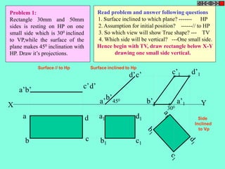 X Y 
a 
d 
b c 
a’ 
b’ 
c’d’ 
a1 
d1 
b1 c1 
a’b’ 
d’c’ c’1 d’1 
b’1 a’1 450 
300 
Problem 1: 
Rectangle 30mm and 50mm 
sides is resting on HP on one 
small side which is 300 inclined 
to VP,while the surface of the 
plane makes 450 inclination with 
HP. Draw it’s projections. 
Read problem and answer following questions 
1. Surface inclined to which plane? ------- HP 
2. Assumption for initial position? ------// to HP 
3. So which view will show True shape? --- TV 
4. Which side will be vertical? ---One small side. 
Hence begin with TV, draw rectangle below X-Y 
drawing one small side vertical. 
Surface // to Hp Surface inclined to Hp 
Side 
Inclined 
to Vp 
 