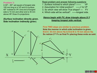 a’1 
X Y 
c 
c1 
450 
a’1 
b’1 
c’1 
a 
c 
a’ 
a 
b1 
b’ 
b 
b a1 
b’1 
c’1 
c’ 
35 
10 
Problem 3: 
A 300 – 600 set square of longest side 
100 mm long is in VP and it’s surface 
450 inclined to VP. One end of longest 
side is 10 mm and other end is 35 mm 
above HP. Draw it’s projections 
(Surface inclination directly given. 
Side inclination indirectly given) 
Read problem and answer following questions 
1 .Surface inclined to which plane? ------- VP 
2. Assumption for initial position? ------// to VP 
3. So which view will show True shape? --- FV 
4. Which side will be vertical? ------longest side. 
Hence begin with FV, draw triangle above X-Y 
keeping longest side vertical. 
First TWO steps are similar to previous problem. 
Note the manner in which side inclination is given. 
End A 35 mm above Hp & End B is 10 mm above Hp. 
So redraw 2nd Fv as final Fv placing these ends as said. 
 