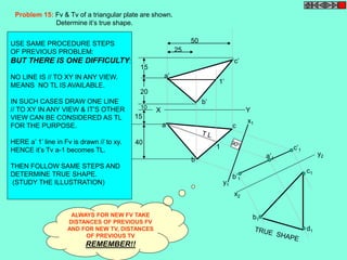 x1 
a c 
y1 
c’1 
b’1 
a’1 
x2 
y2 
b1 
c1 
d1 
c’ 
a’ 
b’ 
X Y 
b 
15 
20 
10 
15 
1’ 
1 
40 
50 
25 
Problem 15: Fv & Tv of a triangular plate are shown. 
Determine it’s true shape. 
USE SAME PROCEDURE STEPS 
OF PREVIOUS PROBLEM: 
BUT THERE IS ONE DIFFICULTY: 
NO LINE IS // TO XY IN ANY VIEW. 
MEANS NO TL IS AVAILABLE. 
IN SUCH CASES DRAW ONE LINE 
// TO XY IN ANY VIEW & IT’S OTHER 
VIEW CAN BE CONSIDERED AS TL 
FOR THE PURPOSE. 
HERE a’ 1’ line in Fv is drawn // to xy. 
HENCE it’s Tv a-1 becomes TL. 
THEN FOLLOW SAME STEPS AND 
DETERMINE TRUE SHAPE. 
(STUDY THE ILLUSTRATION) 
ALWAYS FOR NEW FV TAKE 
DISTANCES OF PREVIOUS FV 
AND FOR NEW TV, DISTANCES 
OF PREVIOUS TV 
REMEMBER!! 
 
