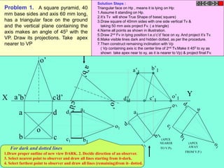 X 
Y 
a’b’ c’d’ 
a 
d 
o’ 
o 
b c 
o1 
d1 
b1 
c1 
a1 
a’1 
b’1 
d’1 c’1 
o’1 
a1 
(APEX 
NEARER 
TO V.P). 
(APEX 
AWAY 
FROM V.P.) 
Problem 1. A square pyramid, 40 
mm base sides and axis 60 mm long, 
has a triangular face on the ground 
and the vertical plane containing the 
axis makes an angle of 450 with the 
VP. Draw its projections. Take apex 
nearer to VP 
Solution Steps : 
Triangular face on Hp , means it is lying on Hp: 
1.Assume it standing on Hp. 
2.It’s Tv will show True Shape of base( square) 
3.Draw square of 40mm sides with one side vertical Tv & 
taking 50 mm axis project Fv. ( a triangle) 
4.Name all points as shown in illustration. 
5.Draw 2nd Fv in lying position I.e.o’c’d’ face on xy. And project it’s Tv. 
6.Make visible lines dark and hidden dotted, as per the procedure. 
7.Then construct remaining inclination with Vp 
( Vp containing axis ic the center line of 2nd Tv.Make it 450 to xy as 
shown take apex near to xy, as it is nearer to Vp) & project final Fv. 
For dark and dotted lines 
1.Draw proper outline of new view DARK. 2. Decide direction of an observer. 
3. Select nearest point to observer and draw all lines starting from it-dark. 
4. Select farthest point to observer and draw all lines (remaining)from it- dotted. 
 
