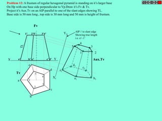 Problem 12: A frustum of regular hexagonal pyramid is standing on it’s larger base 
On Hp with one base side perpendicular to Vp.Draw it’s Fv & Tv. 
Project it’s Aux.Tv on an AIP parallel to one of the slant edges showing TL. 
Base side is 50 mm long , top side is 30 mm long and 50 mm is height of frustum. 
Fv 
1’ 2’5’ 3’4’ 
X Y 
X1 
Y1 
AIP // to slant edge 
Showing true length 
i.e. a’- 1’ 
a’ b’ e’ c’ d’ 
Tv 
Aux.Tv 
1 
2 
4 
3 
5 
a 
b 
d 
c 
e 
3 
4 
1 2 
5 
b1 
c1 
d1 
e1 
a1 
 