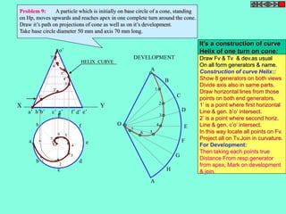 Problem 9: A particle which is initially on base circle of a cone, standing 
on Hp, moves upwards and reaches apex in one complete turn around the cone. 
Draw it’s path on projections of cone as well as on it’s development. 
Take base circle diameter 50 mm and axis 70 mm long. 
o’ 
4’ 
7’ 
X Y 
a’ h’b’ c’ g’ f’ d’ e’ 
h 
a 
b 
c 
d 
e 
g 
f 
O 
DEVELOPMENT 
A 
B 
C 
D 
E 
F 
A 
G 
H 
O 
1 
2 
4 
3 
6 5 
7 
1’ 
2’ 
3’ 
5’ 
6’ 
1 
2 
3 
4 
6 5 
7 
HELIX CURVE 
It’s a construction of curve 
Helix of one turn on cone: 
Draw Fv & Tv & dev.as usual 
On all form generators & name. 
Construction of curve Helix:: 
Show 8 generators on both views 
Divide axis also in same parts. 
Draw horizontal lines from those 
points on both end generators. 
1’ is a point where first horizontal 
Line & gen. b’o’ intersect. 
2’ is a point where second horiz. 
Line & gen. c’o’ intersect. 
In this way locate all points on Fv. 
Project all on Tv.Join in curvature. 
For Development: 
Then taking each points true 
Distance From resp.generator 
from apex, Mark on development 
& join. 
 
