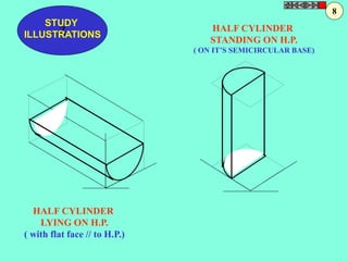 STUDY 
Z 
ILLUSTRATIONS 
HALF CYLINDER 
LYING ON H.P. 
( with flat face // to H.P.) 
HALF CYLINDER 
STANDING ON H.P. 
( ON IT’S SEMICIRCULAR BASE) 
8 
 