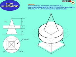 STUDY 
Z 
ILLUSTRATIONS 
30 
10 
30 
40 SQUARE 
60 D 
FV 
TV 
15 
PROBLEM: 
A CIRCULAR PLATE IS PIERCED THROUGH CENTRALLY 
BY A SQUARE PYRAMID WHICH COMES OUT EQUALLY FROM BOTH FACES 
OF PLATE. IT’S FV & TV ARE SHOWN. DRAW ISOMETRIC VIEW. 
 