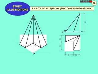 STUDY 
Z 
ILLUSTRATIONS 
F.V. & T.V. of an object are given. Draw it’s isometric view. 
X Y 
50 
20 
25 
25 20 
O 
O 
20 
 