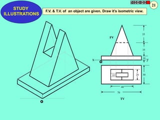STUDY 
Z 
ILLUSTRATIONS 
FV 
x y 
TV 
35 
35 
10 
10 20 30 
40 
70 
O 
O 
F.V. & T.V. of an object are given. Draw it’s isometric view. 
21 
 