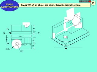 Z F.V. & T.V. of an object are given. Draw it’s isometric view. STUDY 
O 
FV 
X Y O 
10 
TV 
40 
10 
25 
25 
30 R 
100 
10 30 10 
20 D 
ILLUSTRATIONS 
29 
 