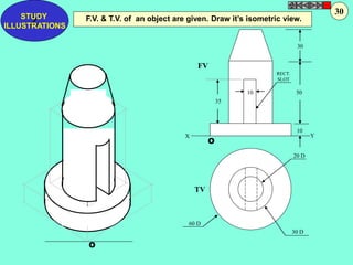 F.V. & T.V. of an Z object are given. Draw it’s isometric view. STUDY 
O 
FV 
X Y 
O 
10 
30 
50 
10 
35 
20 D 
30 D 
TV 
60 D 
RECT. 
SLOT 
ILLUSTRATIONS 
30 
 