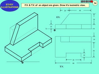 Z F.V. & T.V. of an object are given. Draw it’s isometric view. STUDY 
O 
X Y 
O 
10 
10 
30 
10 
30 
20 40 
30 
80 
F.V. 
T.V. 
ILLUSTRATIONS 
34 
 