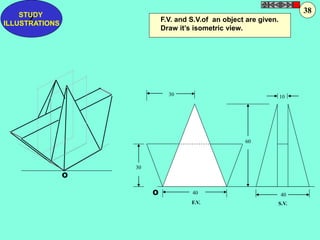 30 
40 
10 
60 
30 
40 
F.V. S.V. 
O 
O 
F.V. and S.V.of an object are given. 
Draw it’s isometric view. 
Z STUDY 
ILLUSTRATIONS 
38 
 
