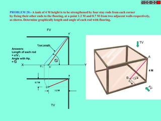 PROBLEM 20:-A tank of 4 M height is to be strengthened by four stay rods from each corner 
by fixing their other ends to the flooring, at a point 1.2 M and 0.7 M from two adjacent walls respectively, 
as shown. Determine graphically length and angle of each rod with flooring. 
4 M 
TV 
A 
B 
a 
True Length 
b 
a’ 
b’ b’ 1 
Answers: 
Length of each rod 
= a’b’1 
Angle with Hp. 
= 
X Y 
TV 
FV 
 