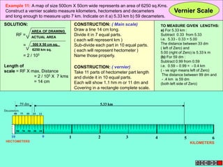 Example 11: A map of size 500cm X 50cm wide represents an area of 6250 sq.Kms. 
Construct a vernier scaleto measure kilometers, hectometers and decameters 
and long enough to measure upto 7 km. Indicate on it a) 5.33 km b) 59 decameters. 
Vernier Scale 
SOLUTION: 
RF = 
= 
AREA OF DRAWING 
V ACTUAL AREA 
500 X 50 cm sq. 
V 6250 km sq. 
= 2 / 105 
Length of 
scale = RF X max. Distance 
= 2 / 105 X 7 kms 
= 14 cm 
CONSTRUCTION: ( Main scale) 
Draw a line 14 cm long. 
Divide it in 7 equal parts. 
( each will represent km ) 
Sub-divide each part in 10 equal parts. 
( each will represent hectometer ) 
Name those properly. 
CONSTRUCTION: ( vernier) 
Take 11 parts of hectometer part length 
and divide it in 10 equal parts. 
Each will show 1.1 hm m or 11 dm and 
Covering in a rectangle complete scale. 
Decameters 
59 dm 5.33 km 
99 77 55 33 11 
90 70 50 30 10 
TO MEASURE GIVEN LENGTHS: 
a) For 5.33 km : 
Subtract 0.33 from 5.33 
i.e. 5.33 - 0.33 = 5.00 
The distance between 33 dm 
( left of Zero) and 
5.00 (right of Zero) is 5.33 k m 
(b) For 59 dm : 
Subtract 0.99 from 0.59 
i.e. 0.59 – 0.99 = - 0.4 km 
( - ve sign means left of Zero) 
The distance between 99 dm and 
- .4 km is 59 dm 
(both left side of Zero) 
10 0 1 2 3 4 5 6 
HECTOMETERS KILOMETERS 
 