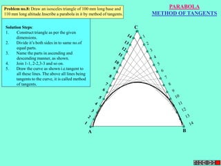 C 
PARABOLA 
METHOD OF TANGENTS 
Problem no.8: Draw an isosceles triangle of 100 mm long base and 
110 mm long altitude.Inscribe a parabola in it by method of tangents. 
A B 
Solution Steps: 
1. Construct triangle as per the given 
dimensions. 
2. Divide it’s both sides in to same no.of 
equal parts. 
3. Name the parts in ascending and 
descending manner, as shown. 
4. Join 1-1, 2-2,3-3 and so on. 
5. Draw the curve as shown i.e.tangent to 
all these lines. The above all lines being 
tangents to the curve, it is called method 
of tangents. 
 